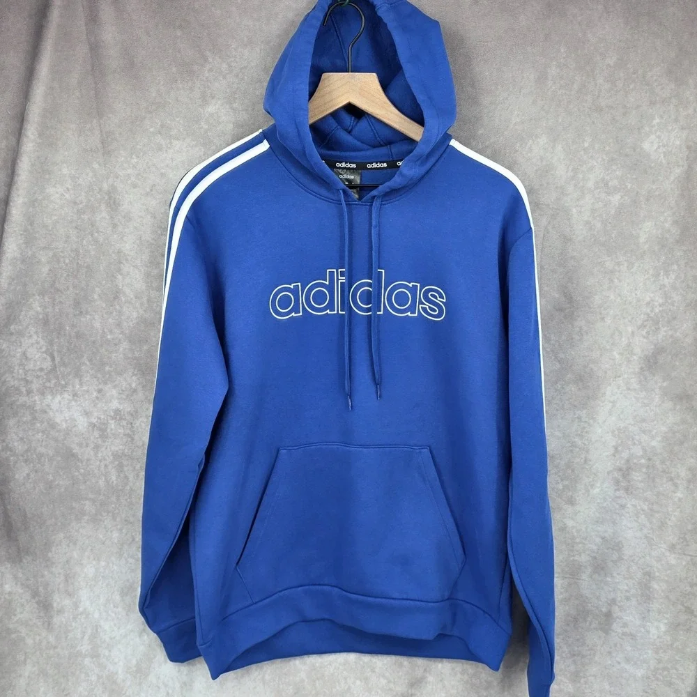 Adidas Pullover Hoodie Sweatshirt Mens Medium Royal Blue Stripes Fleece